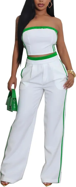 Tcremisa Womens Summer Striped 2 Piece Outfits Casual Tracksuits Sexy Tube Top and Straight Wide Leg Pants Set