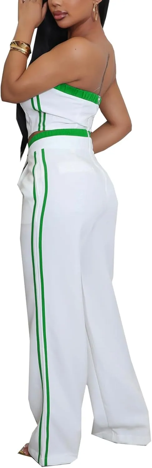 Tcremisa Womens Summer Striped 2 Piece Outfits Casual Tracksuits Sexy Tube Top and Straight Wide Leg Pants Set