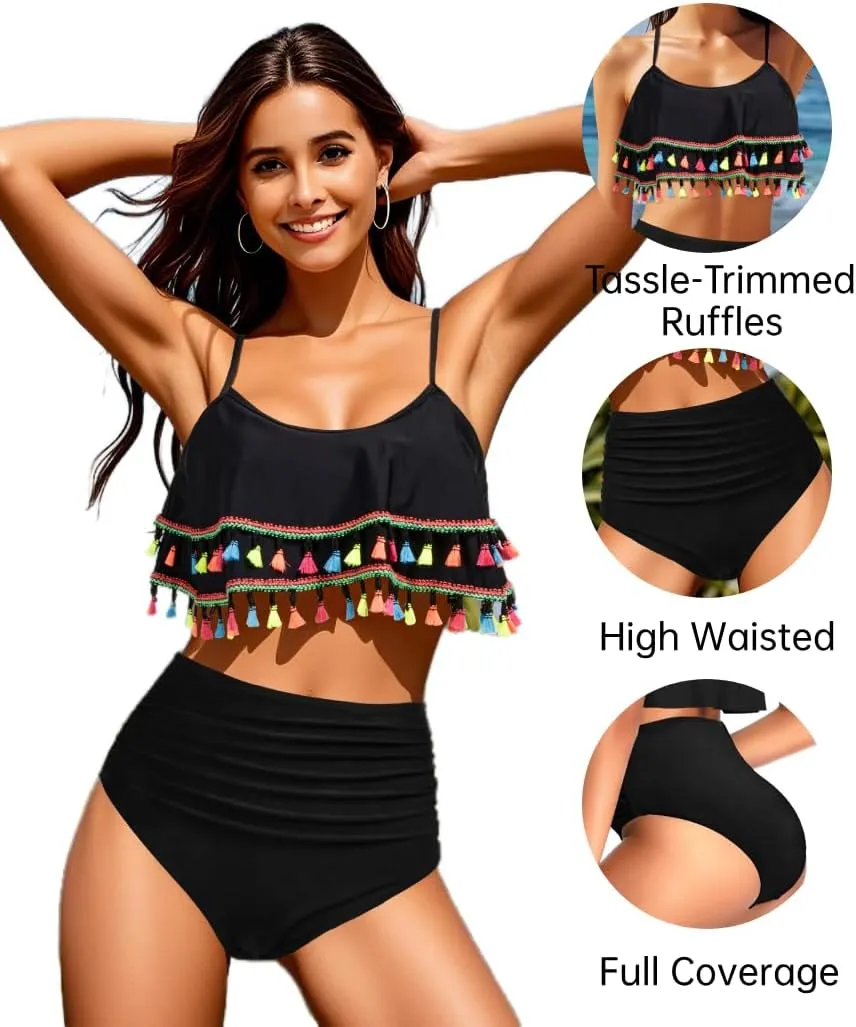 Tempt Me High Waisted Bikini Two Piece Swimsuits Tummy Control Bathing Suit Ruffle Ruched Swimwear