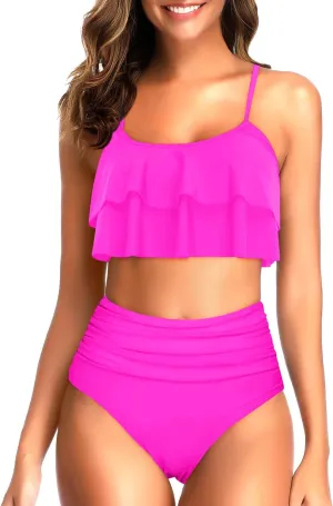 Tempt Me High Waisted Bikini Two Piece Swimsuits Tummy Control Bathing Suit Ruffle Ruched Swimwear