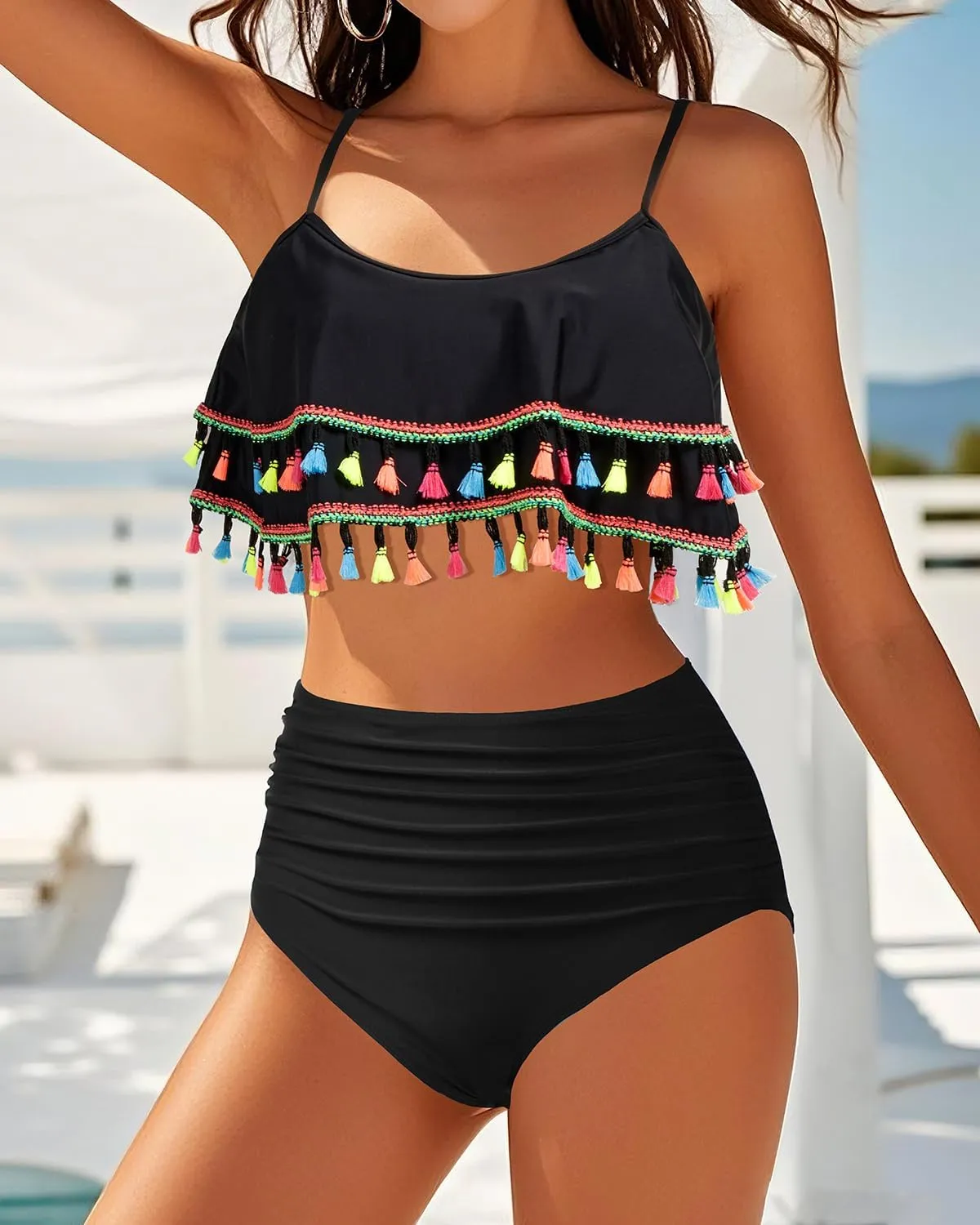 Tempt Me High Waisted Bikini Two Piece Swimsuits Tummy Control Bathing Suit Ruffle Ruched Swimwear