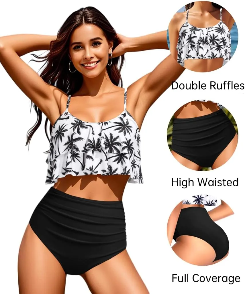 Tempt Me High Waisted Bikini Two Piece Swimsuits Tummy Control Bathing Suit Ruffle Ruched Swimwear