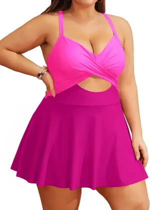Tempt Me Women Plus Size One Piece Swimdress Cutout Swimsuit with Skirt V Neck Wrap Bathing Suits