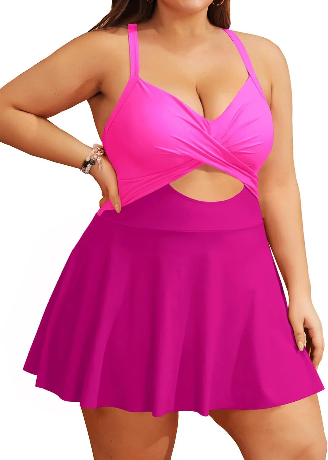 Tempt Me Women Plus Size One Piece Swimdress Cutout Swimsuit with Skirt V Neck Wrap Bathing Suits
