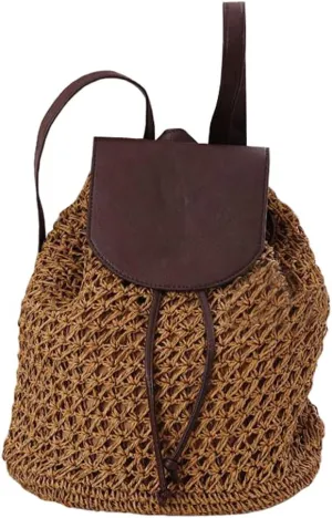 TONWHAR Paper String Woven Purse Straw Backpack for Beach (Brown)