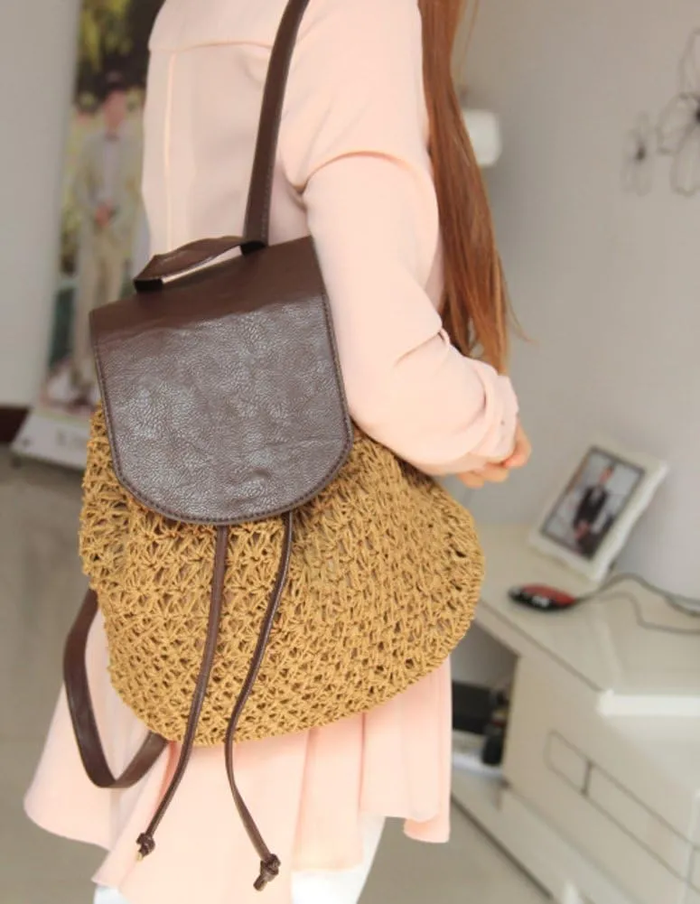 TONWHAR Paper String Woven Purse Straw Backpack for Beach (Brown)