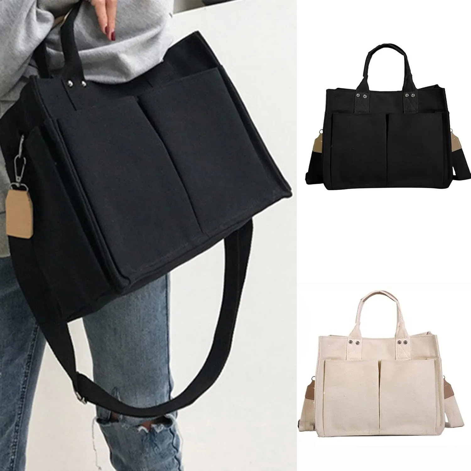 Tote Bag For Women Cotton Canvas Handbag Dual Use Black Custom Printed Tote With Outside Pocket For Travel Essential F