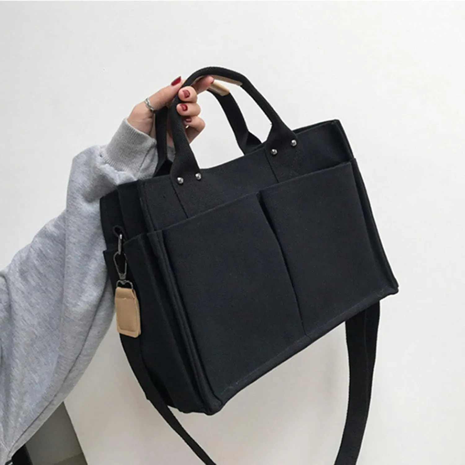 Tote Bag For Women Cotton Canvas Handbag Dual Use Black Custom Printed Tote With Outside Pocket For Travel Essential F