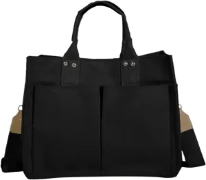 Tote Bag For Women Cotton Canvas Handbag Dual Use Black Custom Printed Tote With Outside Pocket For Travel Essential F