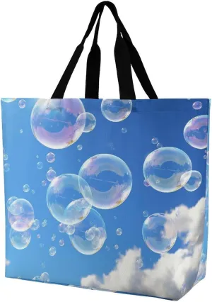 Tote Bag,Painted Foldable Shopping Tote Bag,washable Coating Groceries Storage Bubbles Blue Sky Bags for Shopping Or Travel