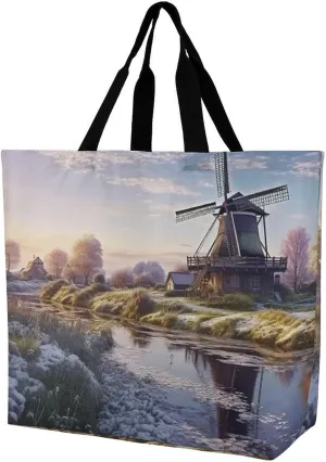 Tote Bag,Painted Foldable Shopping Tote Bag,washable Coating Groceries Storage Landscape With A Traditional Windmill Bags for Shopping Or Travel