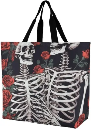 Tote Bag,Painted Foldable Shopping Tote Bag,washable Coating Groceries Storage Rose And Skeleton Bags for Shopping Or Travel