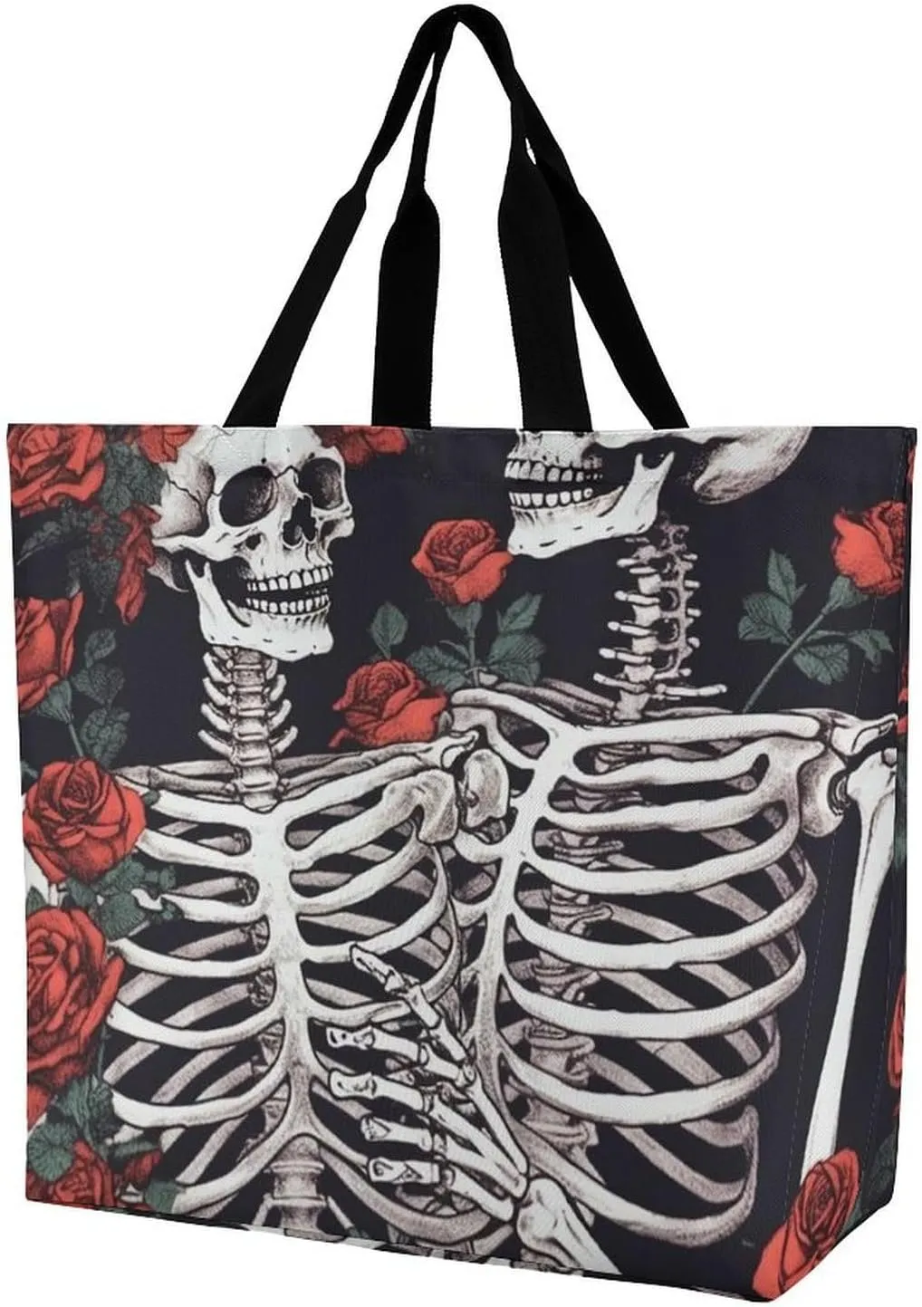 Tote Bag,Painted Foldable Shopping Tote Bag,washable Coating Groceries Storage Rose And Skeleton Bags for Shopping Or Travel