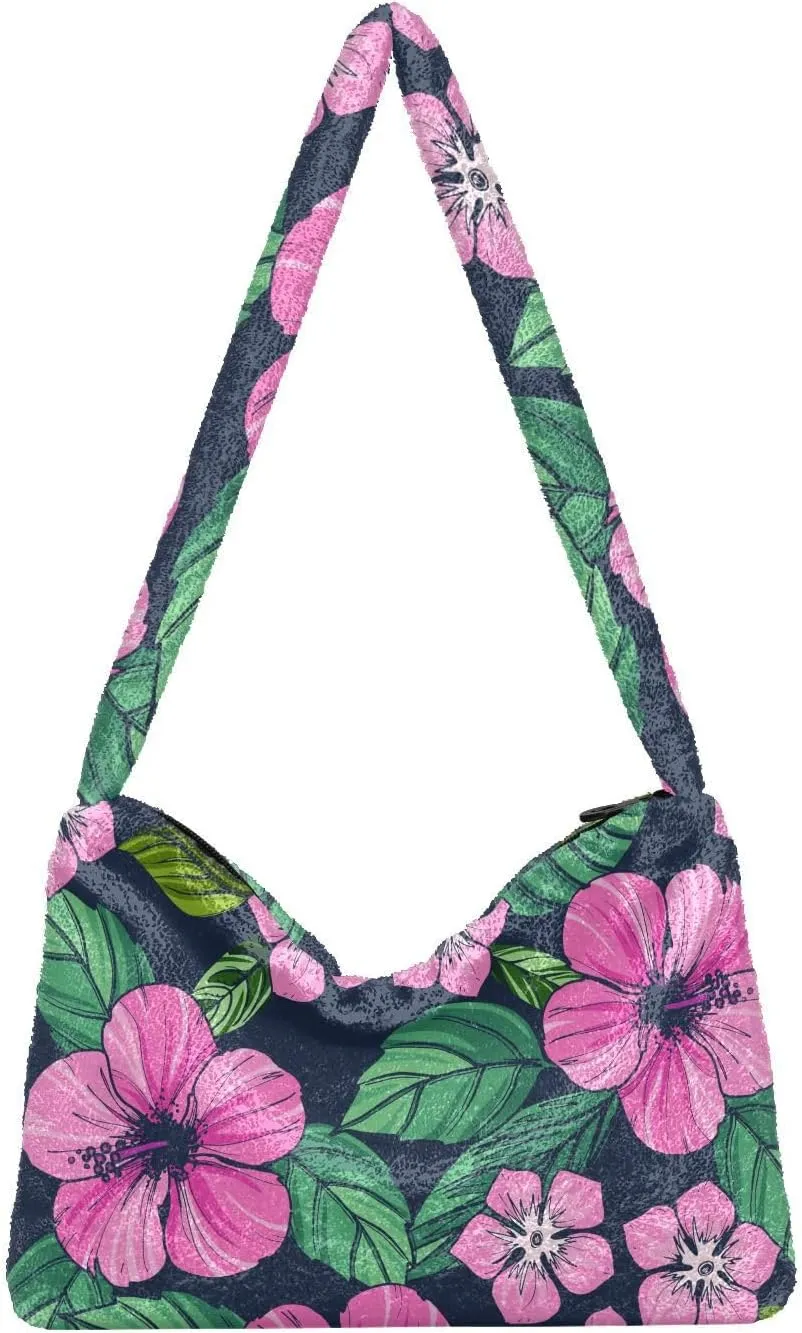 Tropical Hibiscus Flowers Shoulder Tote Bags for Women Furry Crossbody bag Hobo Handbag Purses for Shopping Working Traveling