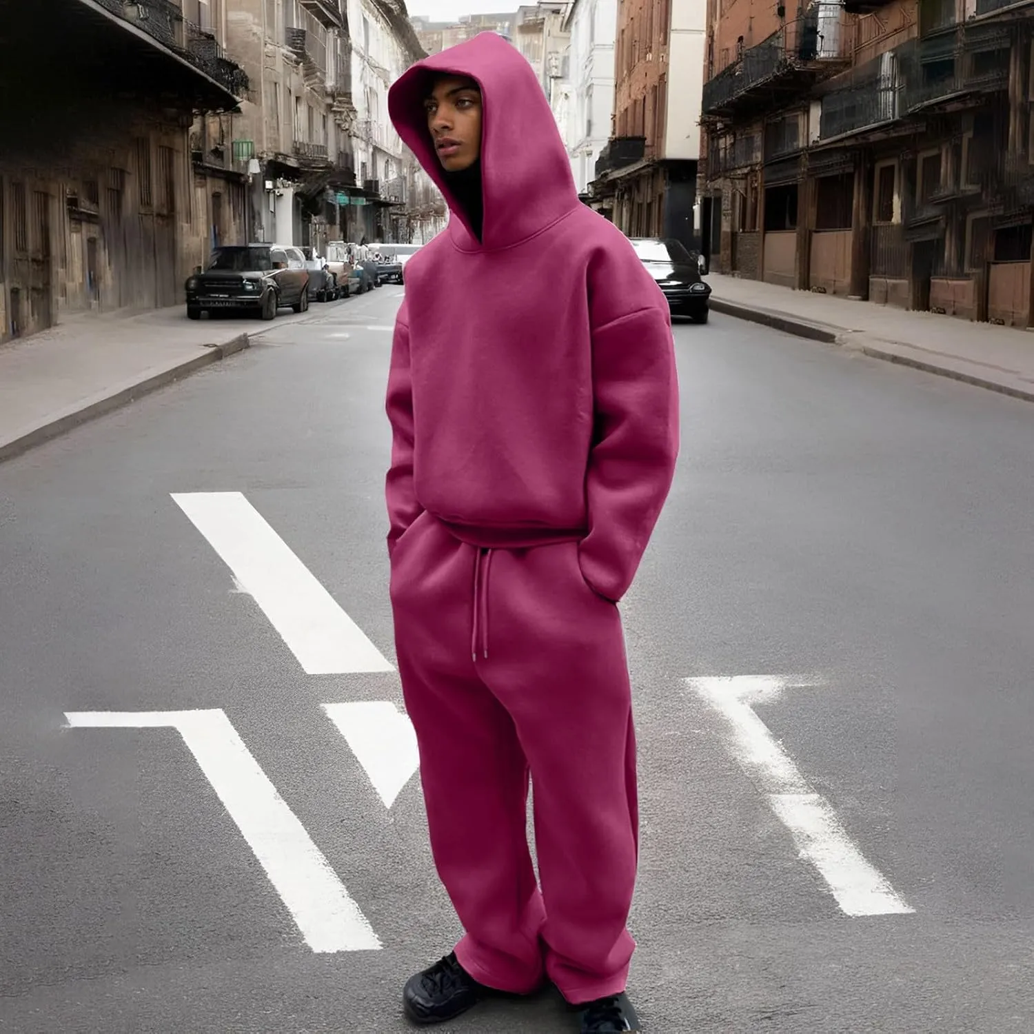 Two Piece Hoodie Sets For Men Fleece Warm Drawstring Pullover Shirts Long Sleeve Baggy Sweatpants Workout Jogger Sets