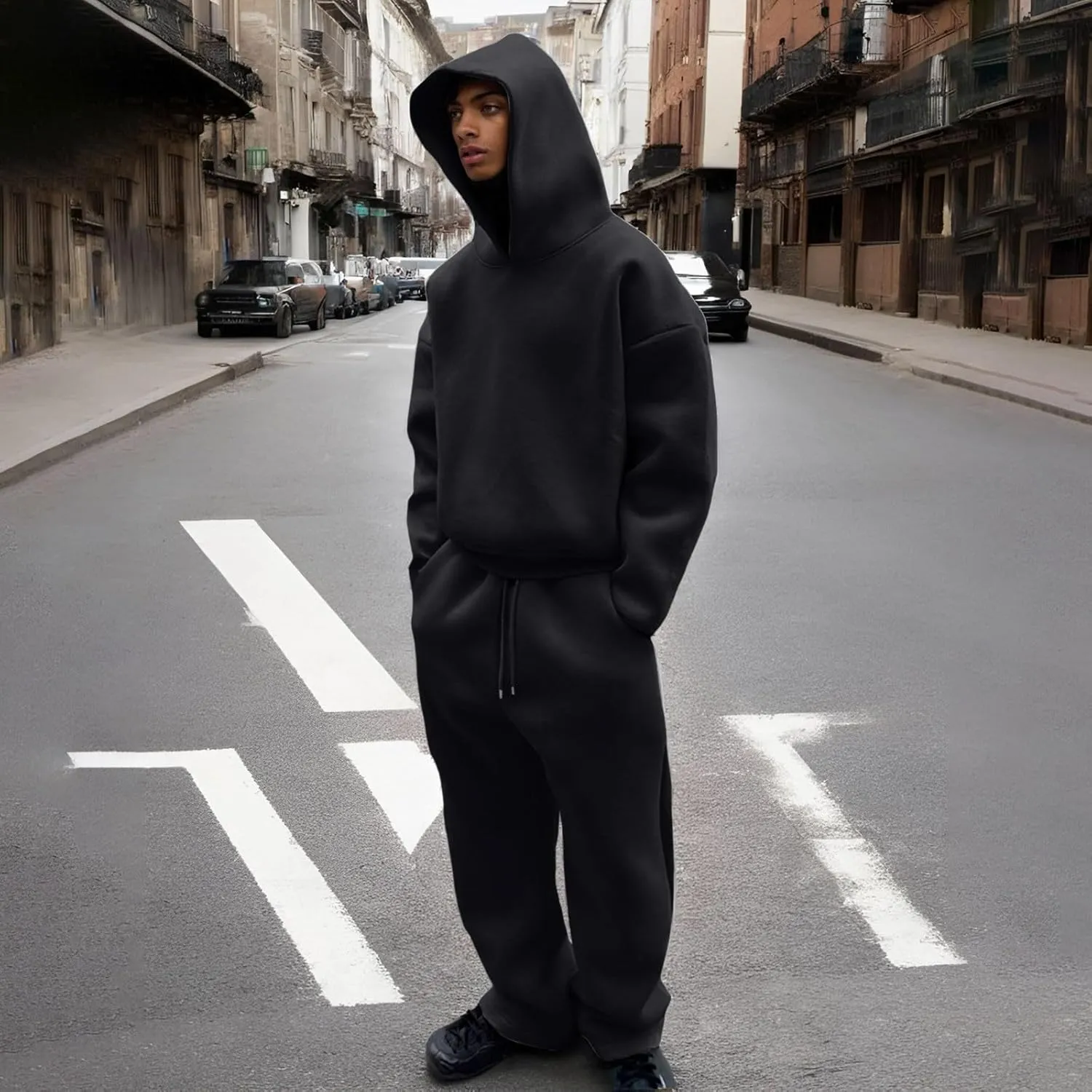 Two Piece Hoodie Sets For Men Fleece Warm Drawstring Pullover Shirts Long Sleeve Baggy Sweatpants Workout Jogger Sets