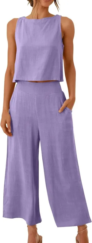 Two Piece Linen Sets for Women Pants Casual Dressy Outfit Sleeveless Crop Tank Wide Leg Pants Sets Matching Loungewear