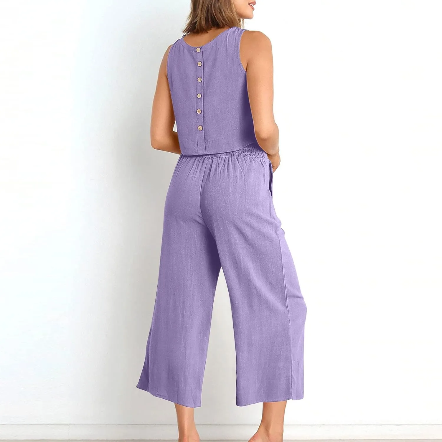 Two Piece Linen Sets for Women Pants Casual Dressy Outfit Sleeveless Crop Tank Wide Leg Pants Sets Matching Loungewear
