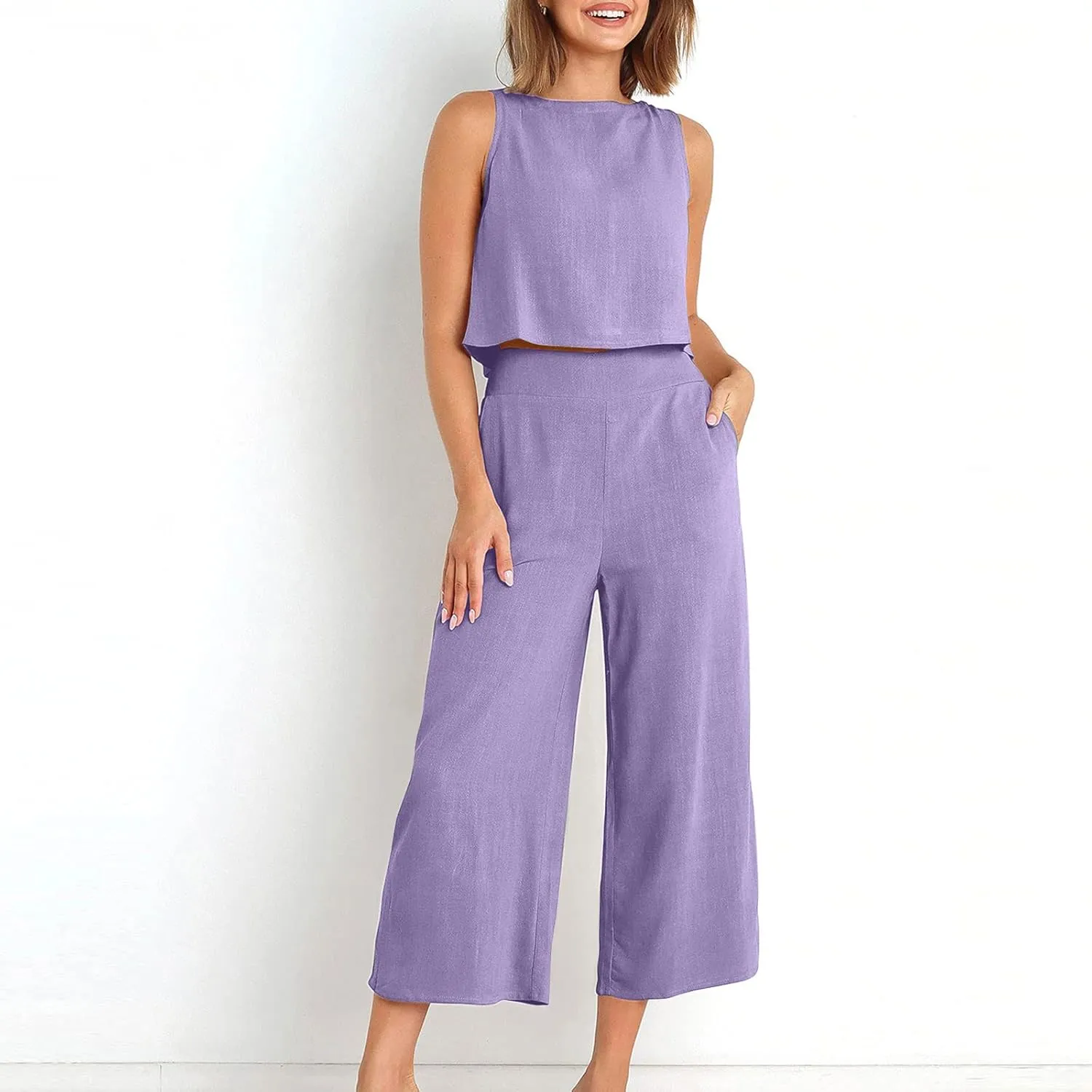 Two Piece Linen Sets for Women Pants Casual Dressy Outfit Sleeveless Crop Tank Wide Leg Pants Sets Matching Loungewear