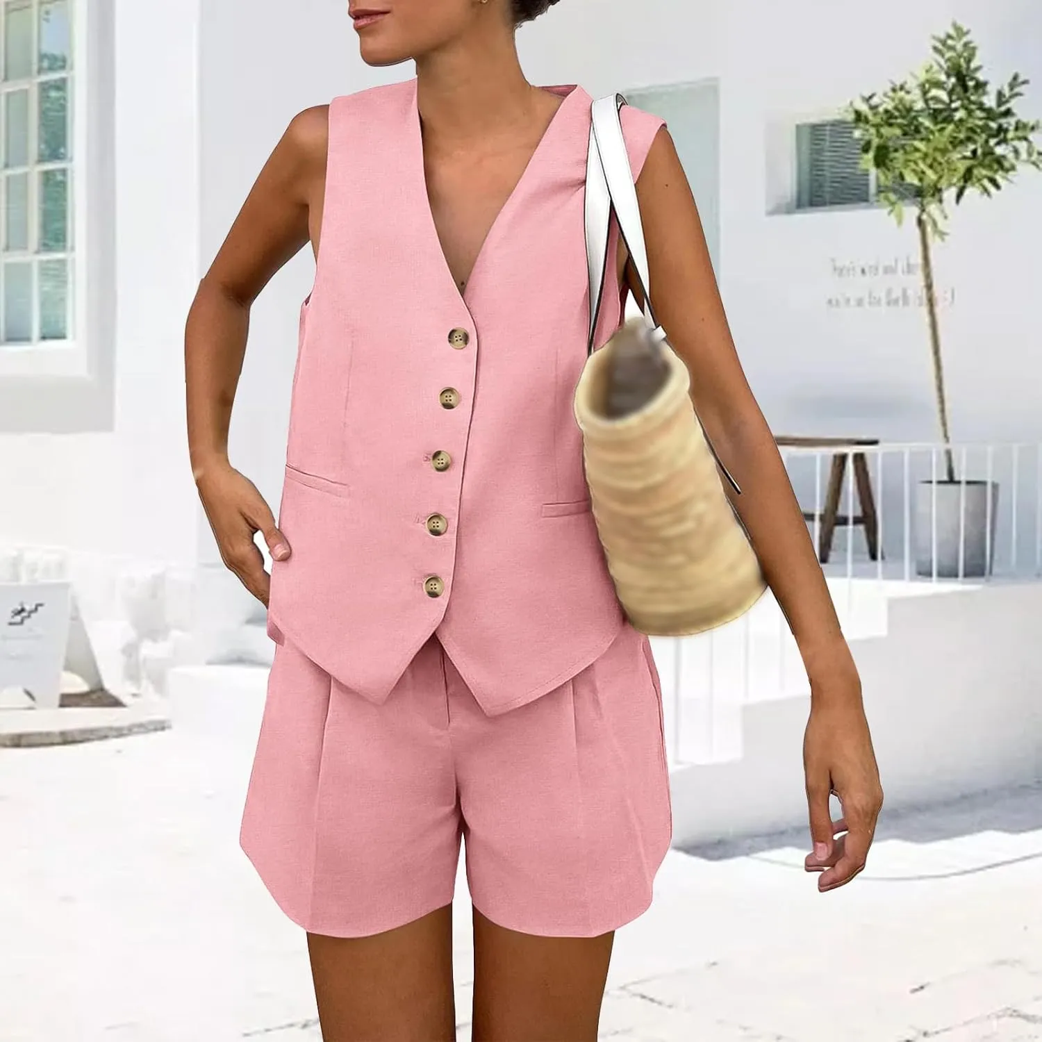 Two Piece Sets for Women Sleeveless Button Down Vest Set V Neck Blazer Top Outfits Shorts Matching Sets with Pockets