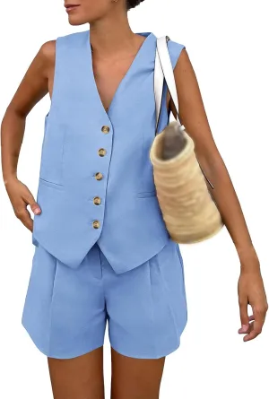 Two Piece Sets for Women Sleeveless Button Down Vest Set V Neck Blazer Top Outfits Shorts Matching Sets with Pockets