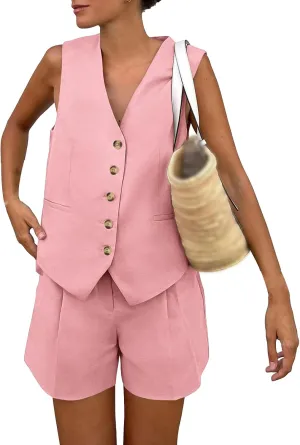 Two Piece Sets for Women Sleeveless Button Down Vest Set V Neck Blazer Top Outfits Shorts Matching Sets with Pockets