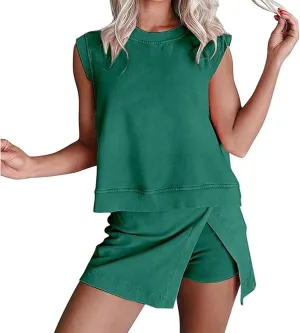 Two Piece Skirt Set for Women Summer Casual Crew Neck Sleeveless Tank Top and Skorts Shorts Matching Sets