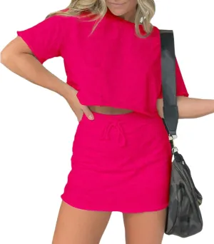 Two Piece Skirt Set for Women Summer Short Sleeve Crewneck Casual Tshirts and High Waist Bodycon Shorts Skirts Trendy