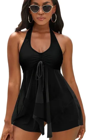 Two Piece Tankini Swimsuit for Women V Neck Ruched Tummy Control Top with Bottom Bathing Suits