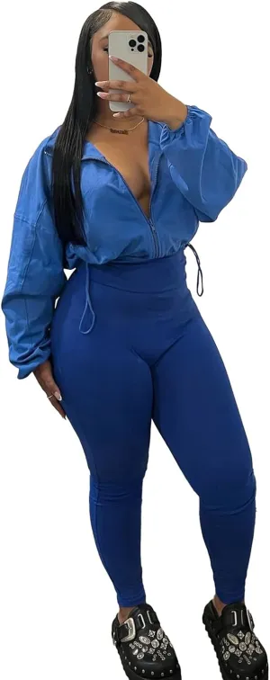 Uni Clau Womens 2 Piece Outfit Tracksuit Zip Up Long Sleeve Drawstring Crop Jacket Top Bodycon Leggings Pants Sets Sweatshirt