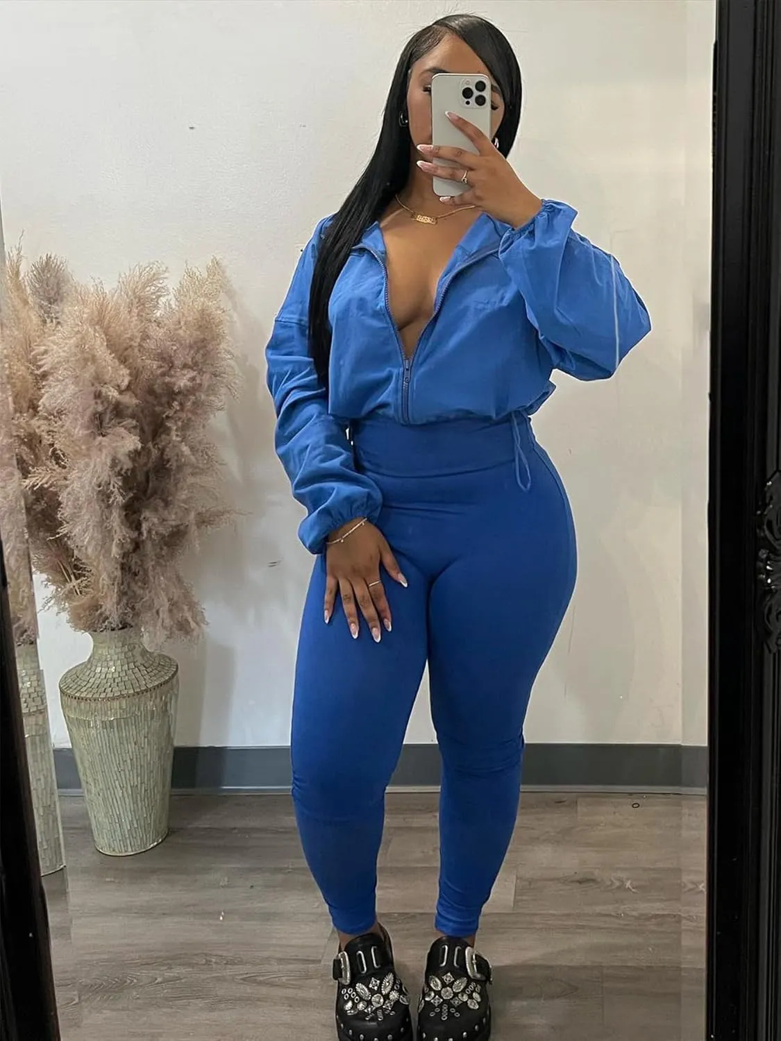 Uni Clau Womens 2 Piece Outfit Tracksuit Zip Up Long Sleeve Drawstring Crop Jacket Top Bodycon Leggings Pants Sets Sweatshirt