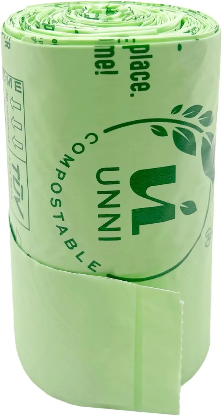 UNNI Compostable T-Shirt Bags with Handle-Tie, 2.6 Gallon, 9.84 Liter, 100 Count, 0.68 Mil, Small Kitchen Food Scrap Waste Bags, ASTM D6400, US BPI, CMA and OK compost HOME Certified, San Francisco