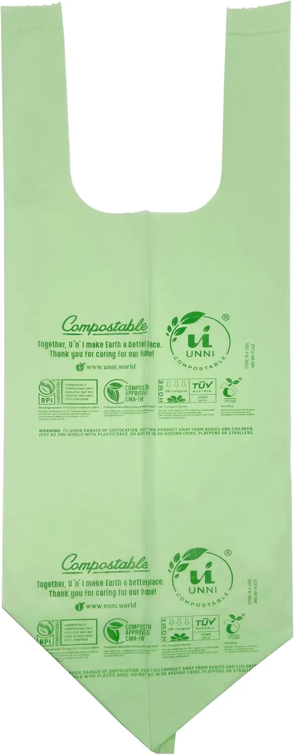 UNNI Compostable T-Shirt Bags with Handle-Tie, 2.6 Gallon, 9.84 Liter, 100 Count, 0.68 Mil, Small Kitchen Food Scrap Waste Bags, ASTM D6400, US BPI, CMA and OK compost HOME Certified, San Francisco