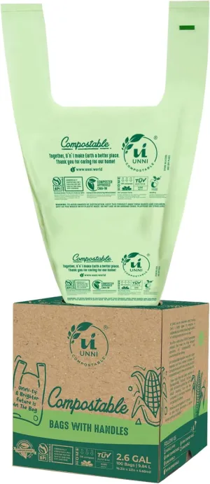 UNNI Compostable T-Shirt Bags with Handle-Tie, 2.6 Gallon, 9.84 Liter, 100 Count, 0.68 Mil, Small Kitchen Food Scrap Waste Bags, ASTM D6400, US BPI, CMA and OK compost HOME Certified, San Francisco