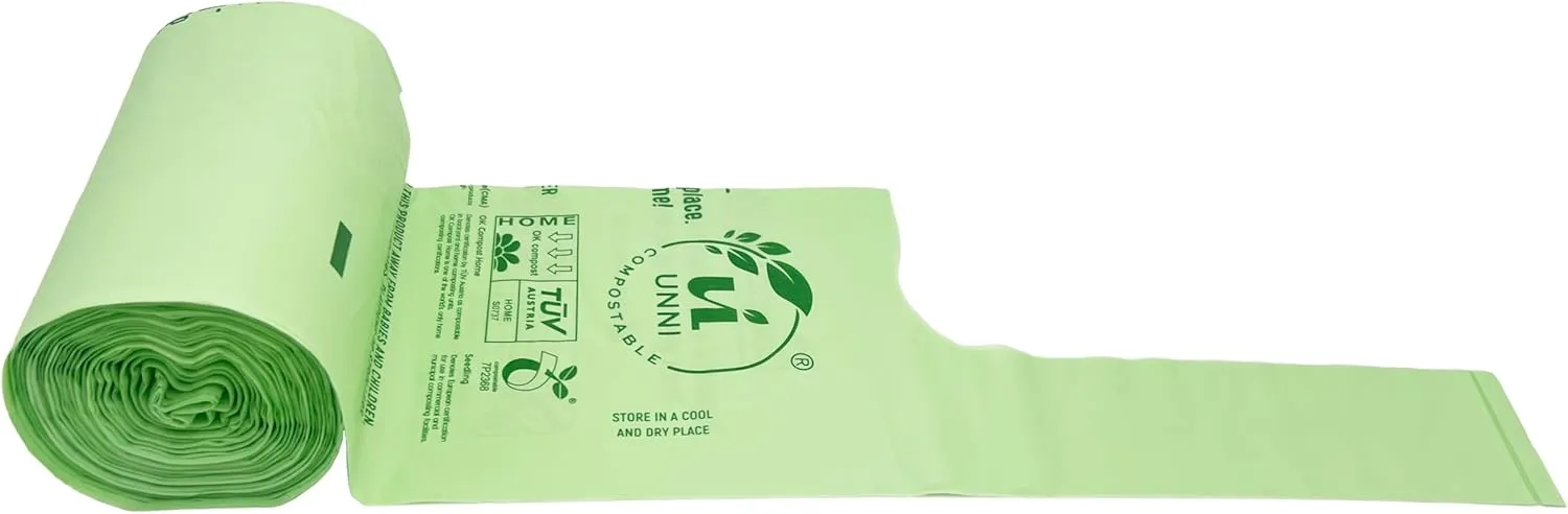 UNNI Compostable T-Shirt Bags with Handle-Tie, 2.6 Gallon, 9.84 Liter, 100 Count, 0.68 Mil, Small Kitchen Food Scrap Waste Bags, ASTM D6400, US BPI, CMA and OK compost HOME Certified, San Francisco