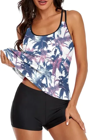 Urchics 2025 Flowy Tankini Swimsuits for Women Tummy Control Tankini Swimwear Tank Top with Boyshorts Two Piece Bathing Suits