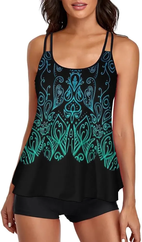 Urchics 2025 Flowy Tankini Swimsuits for Women Tummy Control Tankini Swimwear Tank Top with Boyshorts Two Piece Bathing Suits