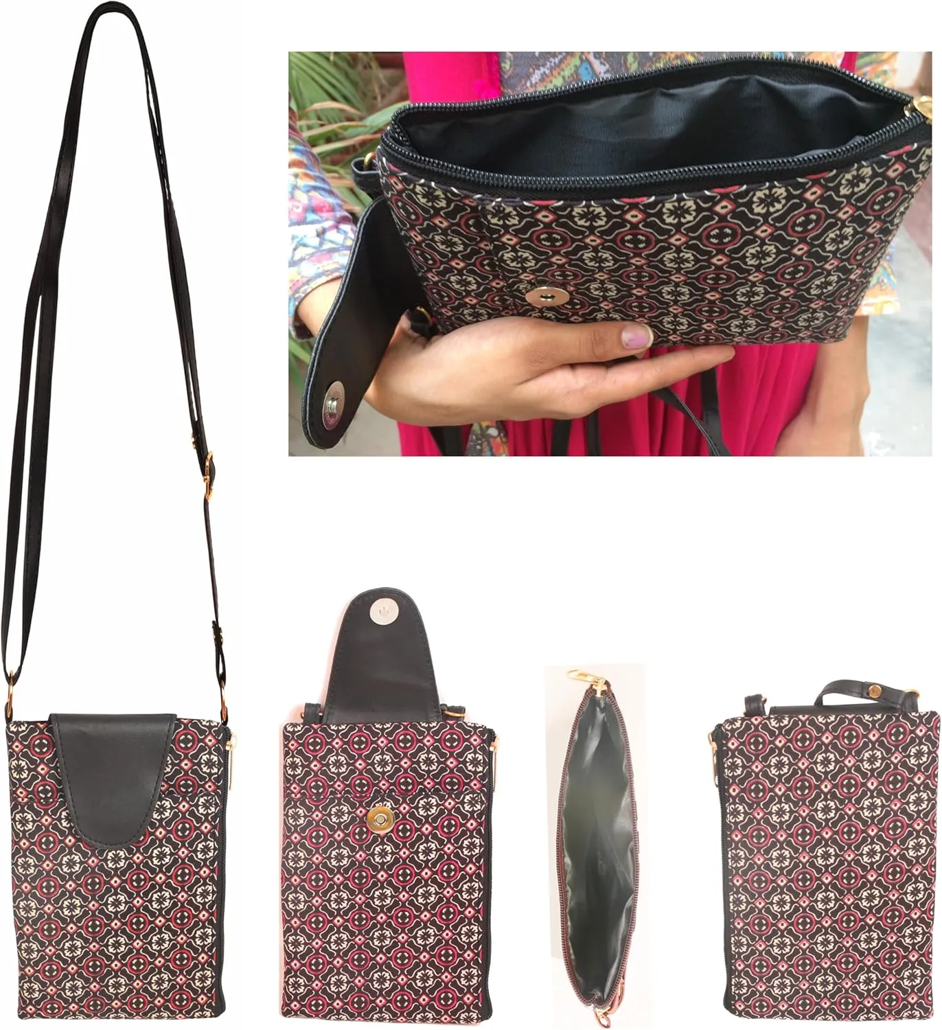 Vegan Leather Crossbody Bag Women Handbag Purse Cruelty Free Indian Handcrafted Cotton Fabric.