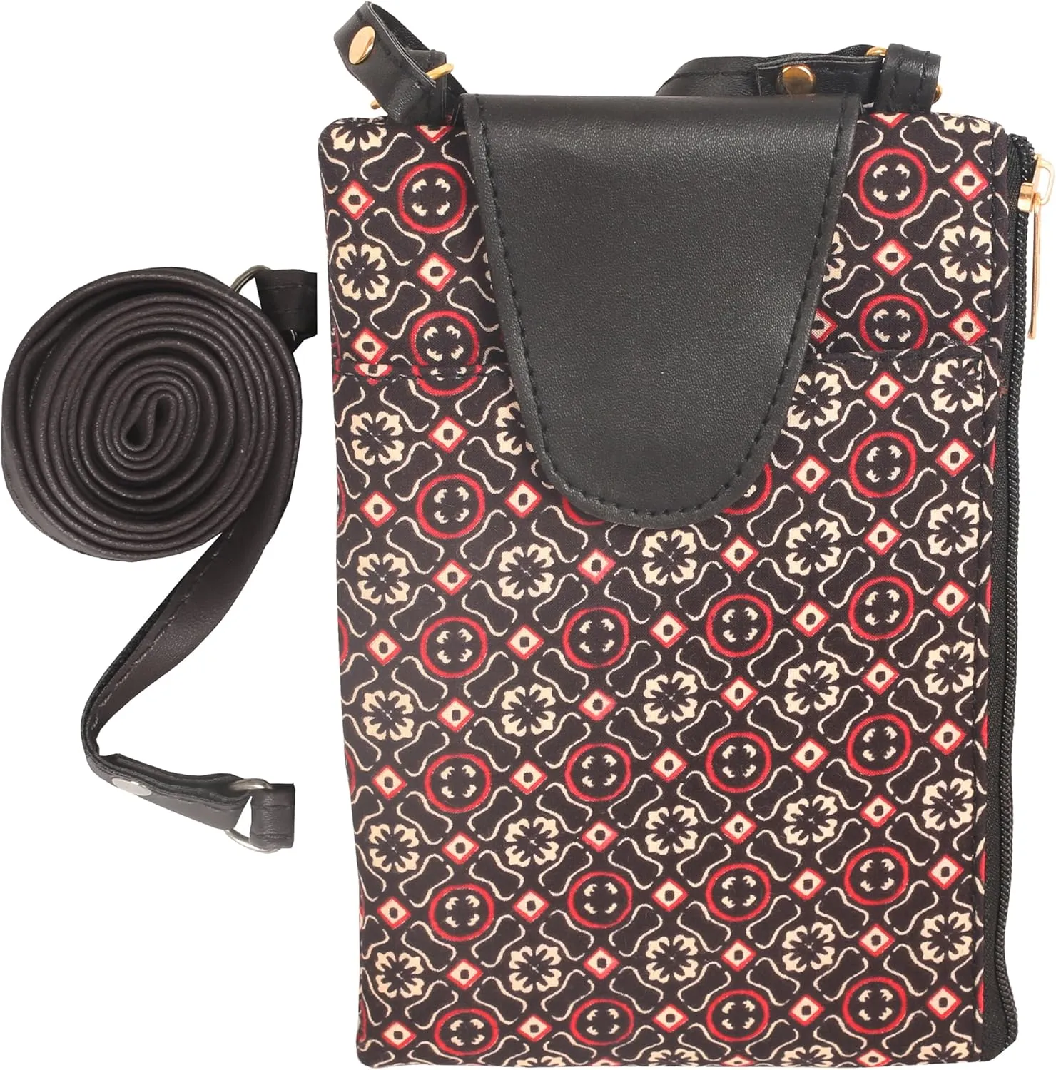 Vegan Leather Crossbody Bag Women Handbag Purse Cruelty Free Indian Handcrafted Cotton Fabric.