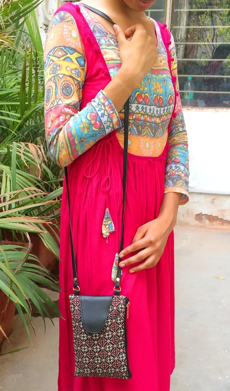 Vegan Leather Crossbody Bag Women Handbag Purse Cruelty Free Indian Handcrafted Cotton Fabric.