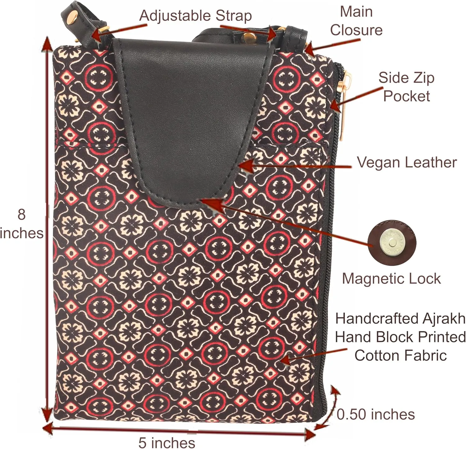Vegan Leather Crossbody Bag Women Handbag Purse Cruelty Free Indian Handcrafted Cotton Fabric.