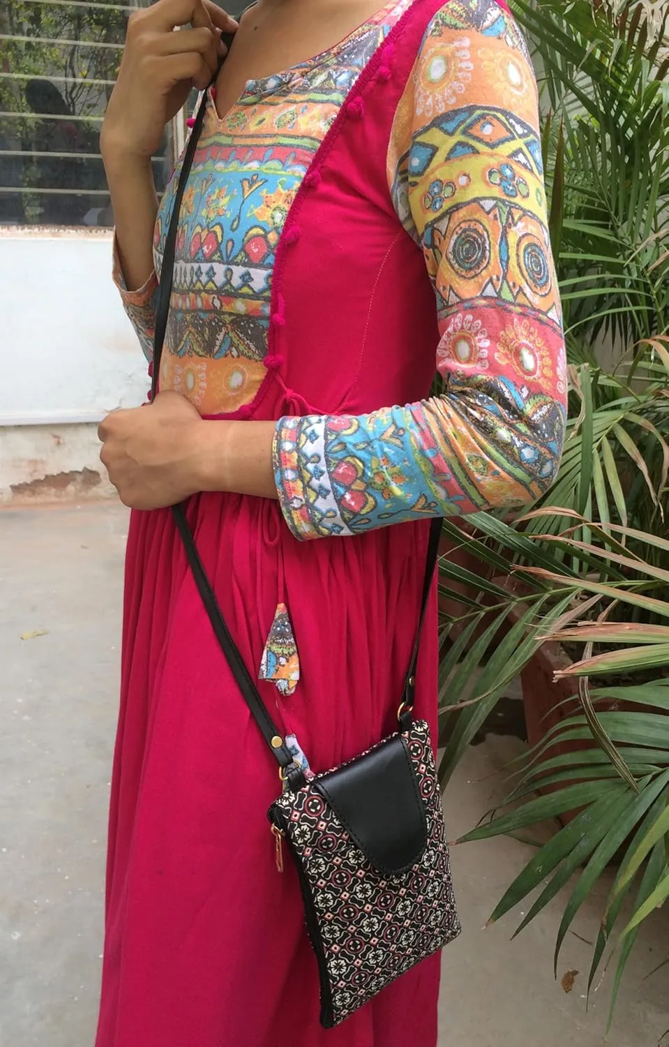 Vegan Leather Crossbody Bag Women Handbag Purse Cruelty Free Indian Handcrafted Cotton Fabric.