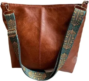 Vintage Solid Color Women Fashion Shoulder Sling Bag High-Capacity Simple Wide Strap Bucket Crossbody Bag
