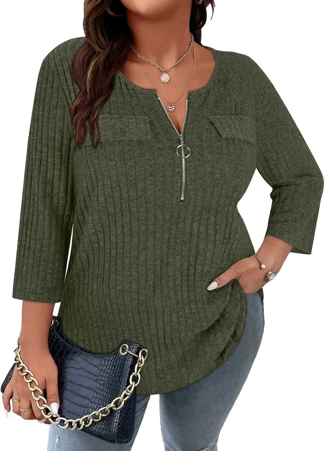 Viracy Women Plus Size Sweaters 3/4 Sleeve Zip V Neck Ribbed Solid Color Casual Blouses Tops XL-5XL