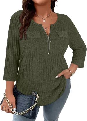 Viracy Women Plus Size Sweaters 3/4 Sleeve Zip V Neck Ribbed Solid Color Casual Blouses Tops XL-5XL