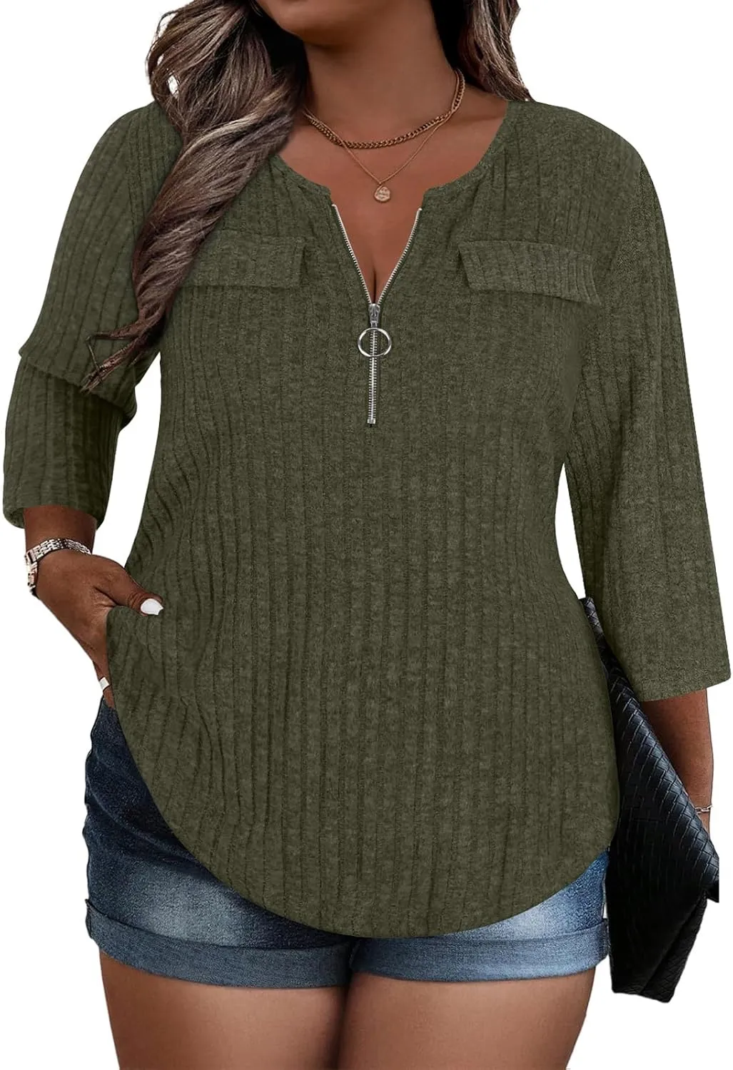 Viracy Women Plus Size Sweaters 3/4 Sleeve Zip V Neck Ribbed Solid Color Casual Blouses Tops XL-5XL