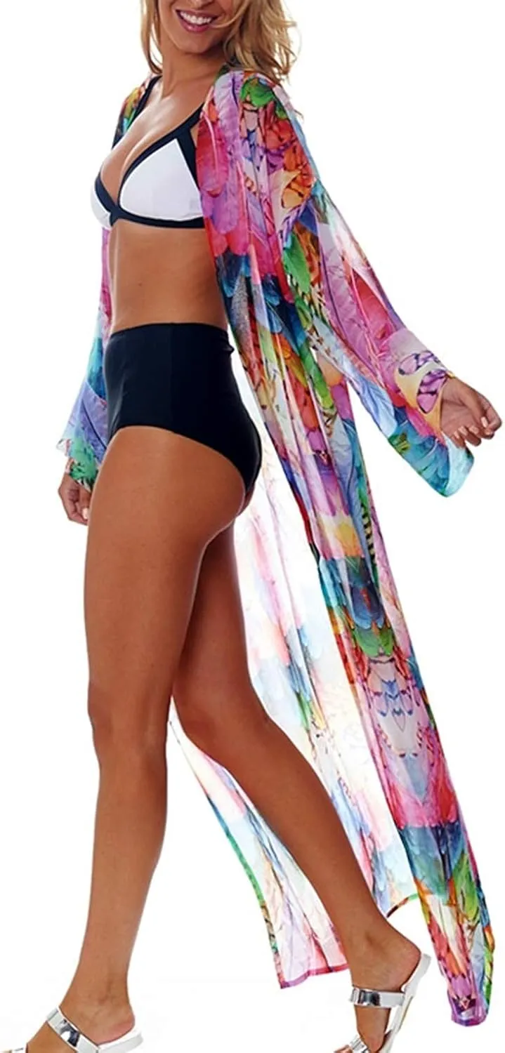 Wander Agio Womens Bikini Cover Ups Beach Casual Dress Coverup Swimsuits Long Cardigan Buttons Chiffon
