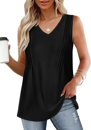 WIHOLL Summer Womens Tank Tops Loose Fit Pleated 2025 V Neck Sleeveless Tops CasualS-3XL