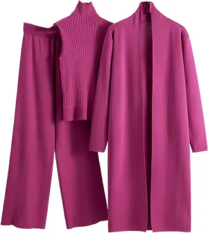Winter 3 Piece Knit Lounge Outfits for Women Long Sleeve Maxi Cardigan Soft Sweater Vests and Wide Leg Lounge Pants