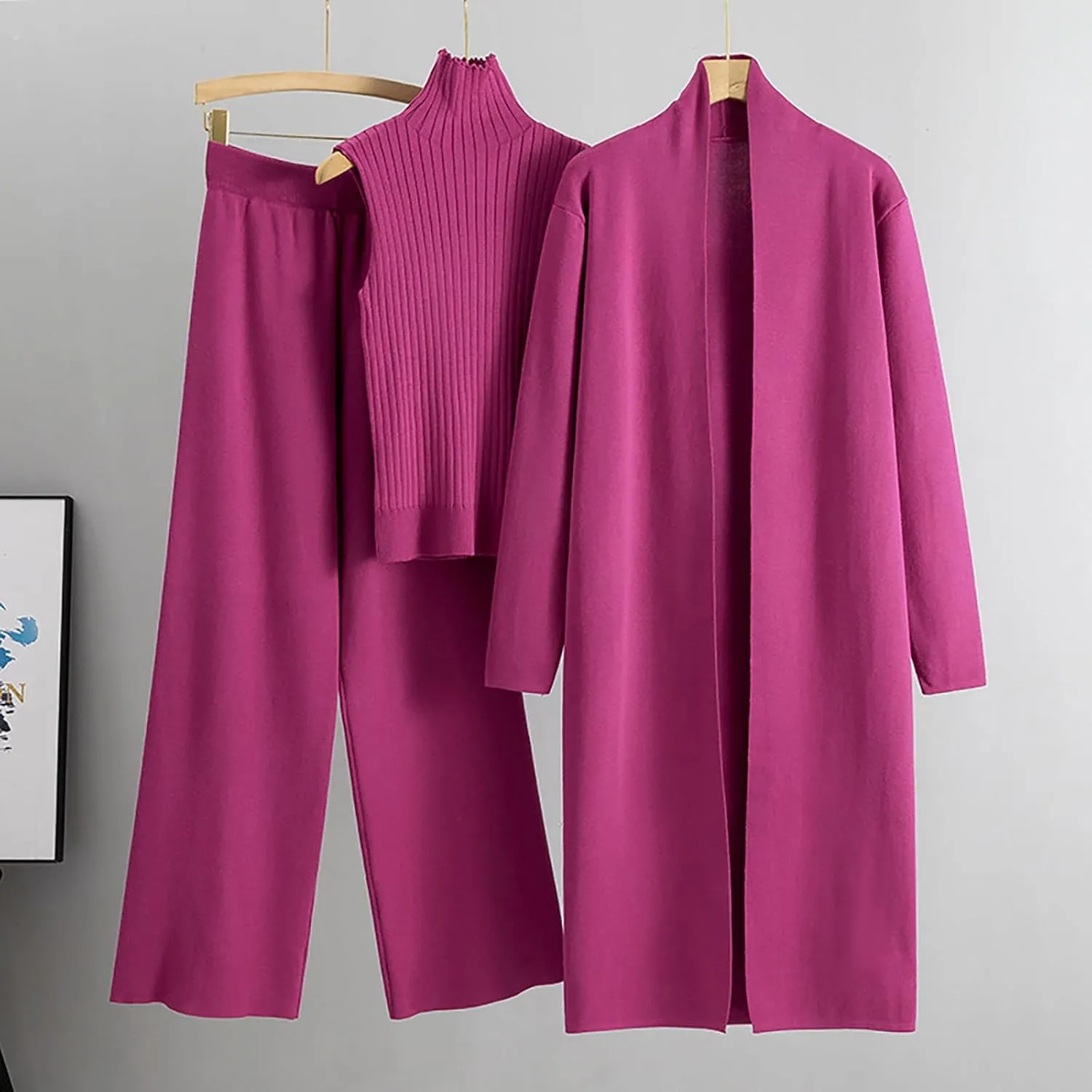 Winter 3 Piece Knit Lounge Outfits for Women Long Sleeve Maxi Cardigan Soft Sweater Vests and Wide Leg Lounge Pants